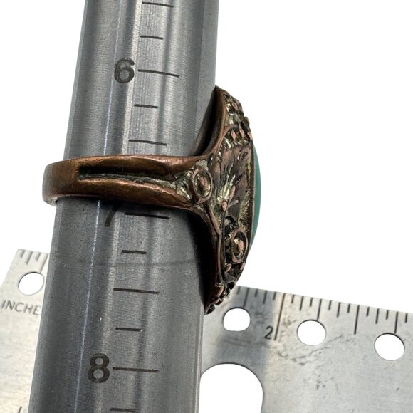Vintage Bronze Ring With Turquoise Oval Stone & Intricate Detailing - Picture 3 of 4